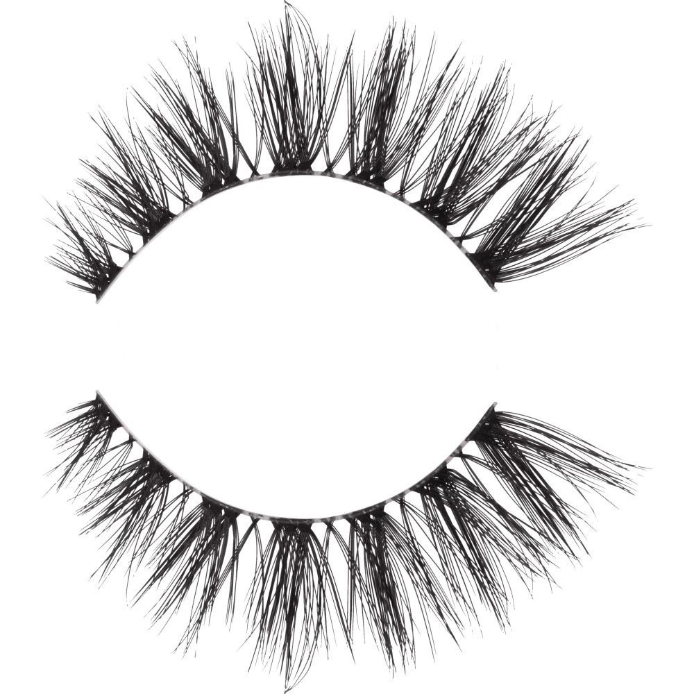 Künstliche Wimpern, schwarz, in gebogener Form. Bestehend aus feinen, nach außen gerichteten Härchen.