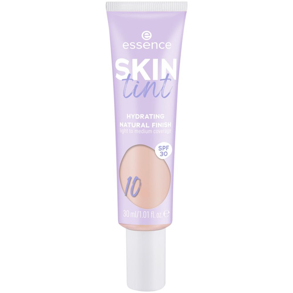 Lila Tube mit Essence Skin Tint Foundation. Text: Hydrating Natural Finish, SPF 30, Farbton 10. 30 ml.