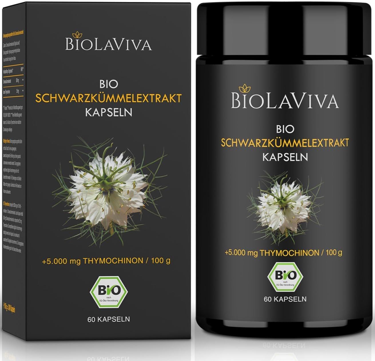 Schwarze Kapsel-Dose und -Schachtel. Aufschrift: BIOLAVIVA BIO-Schwarzkümmel-Extrakt Kapseln. Enthält 5.000mg Thymochinon. Mit Bio-Siegel. 60 Kapseln.