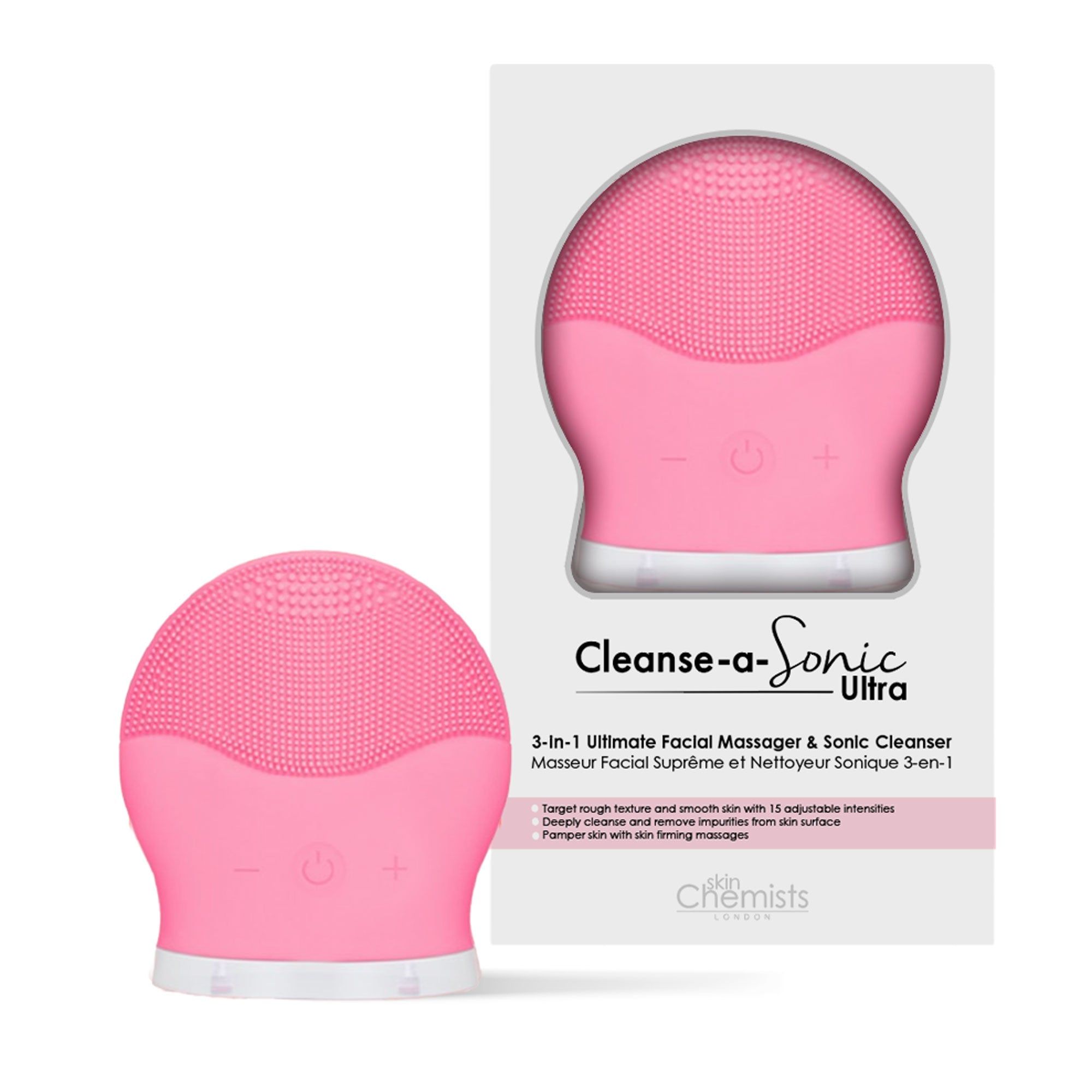 Rosa Gesichtsreinigungsbürste neben Verpackung. Verpackung mit Produktbild und Text. Produktname: Cleanse-a-Sonic Ultra.