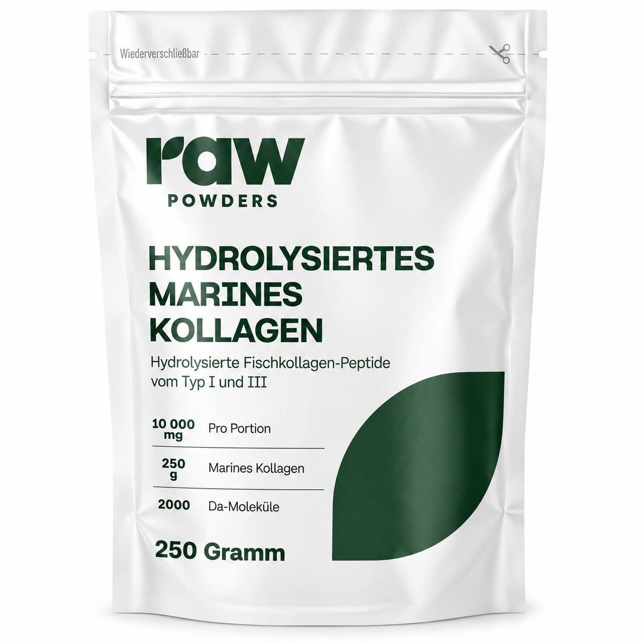 Beutel mit 250g hydrolysiertem marinen Kollagenpulver von Raw Powders.