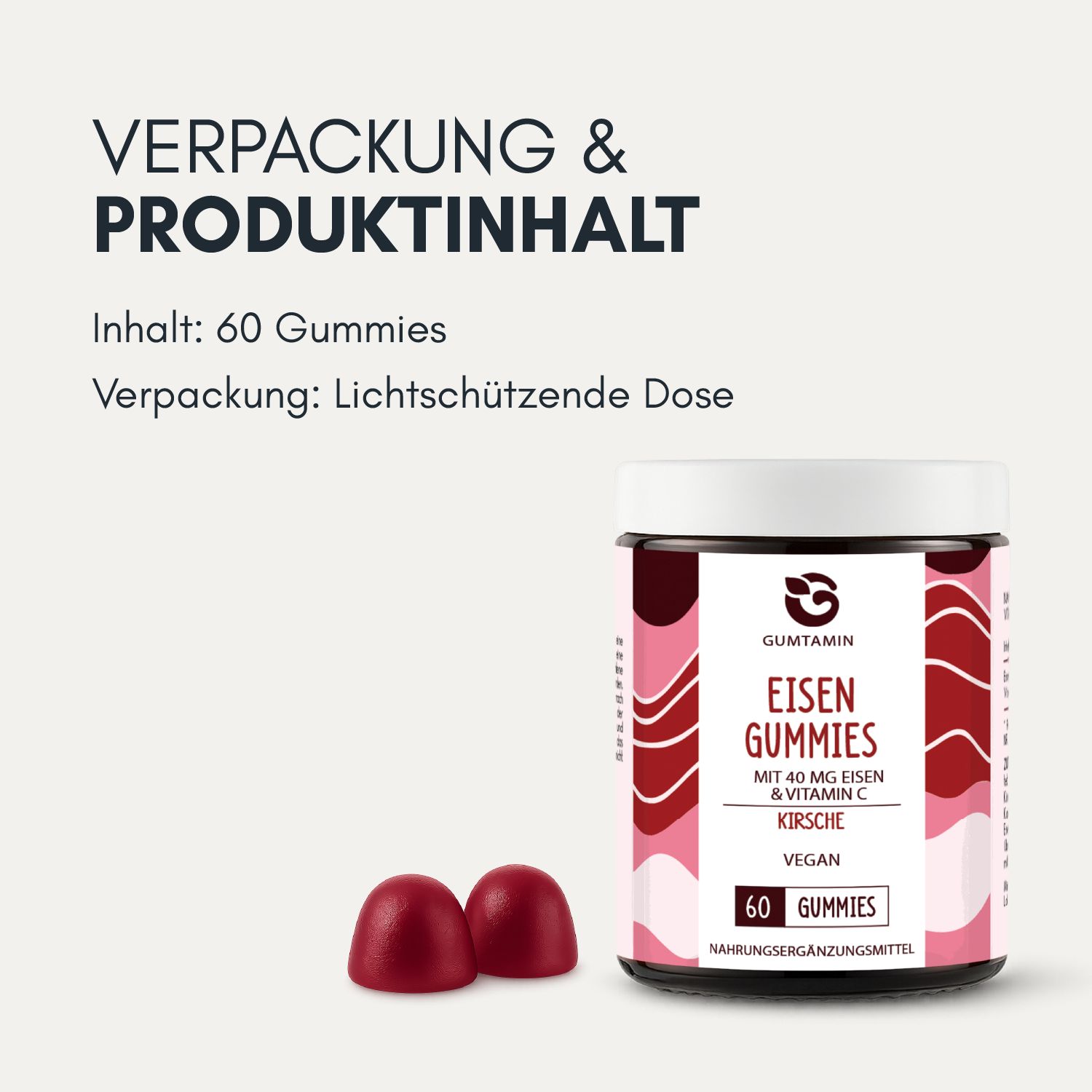 Glas mit Eisen Gummibärchen und zwei Gummibärchen daneben. Marke: Gumtamin. Aufschrift: Eisen Gummies, Kirsche, 60 Stück.