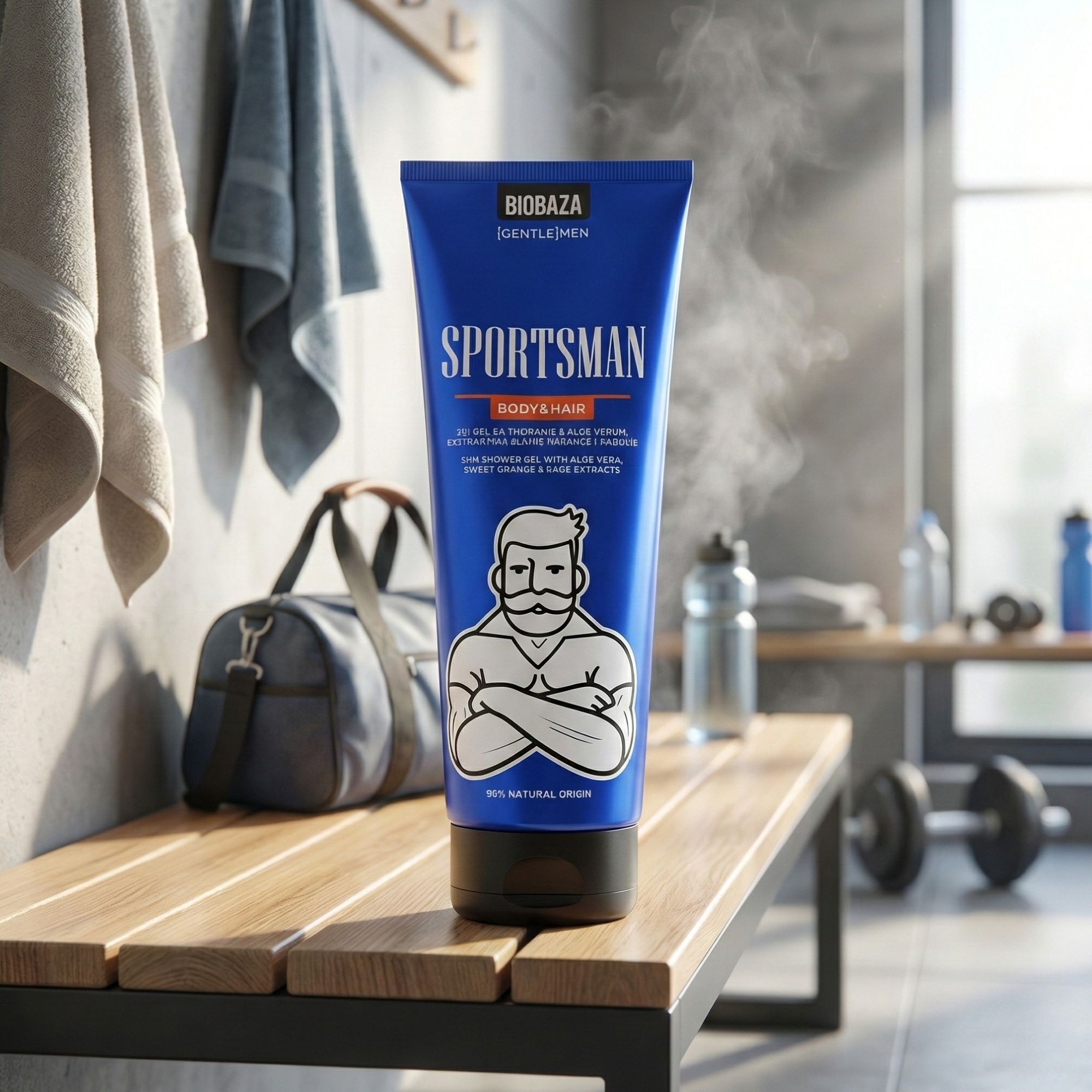 Blaues Tube-Duschgel mit Aufdruck. "Sportsman" und Logo. Im Hintergrund: Fitnessstudio-Szene mit Handtüchern, Bank und Sporttasche.