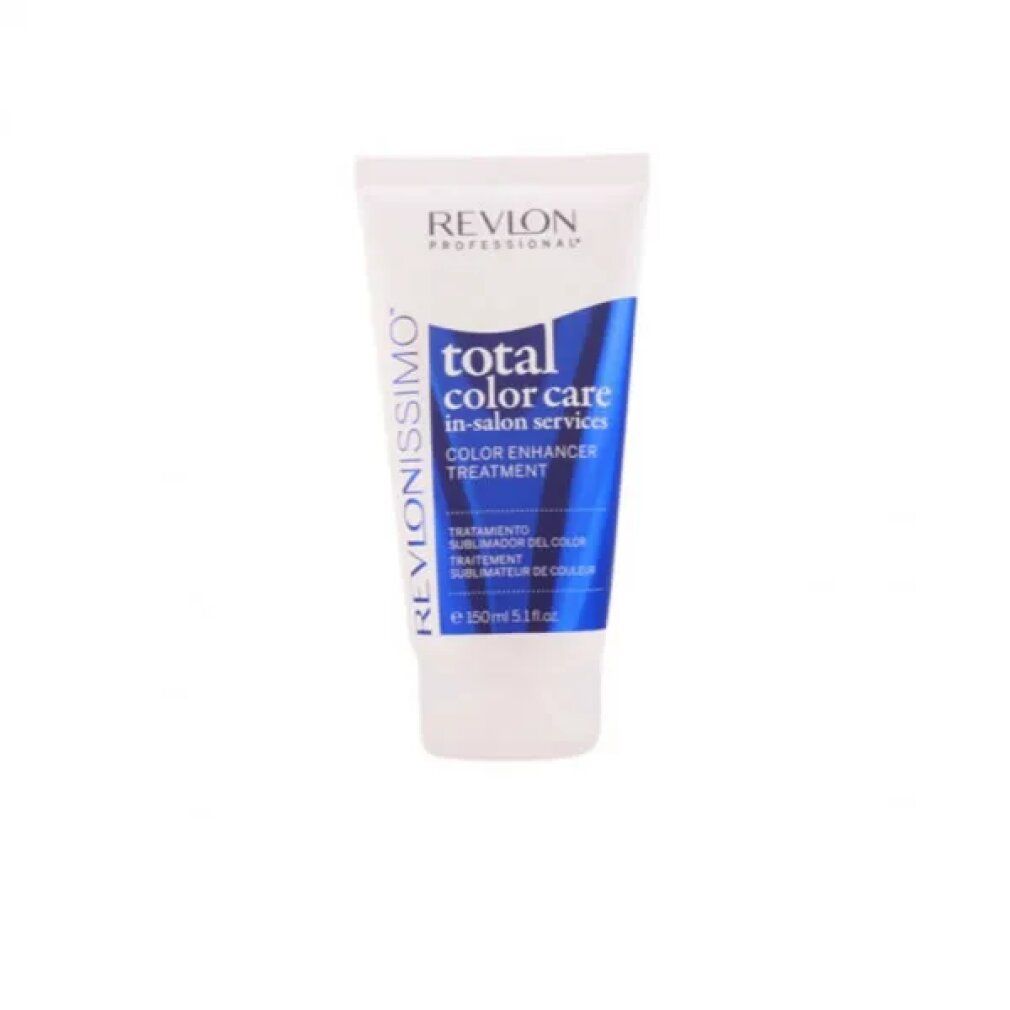 Weiße Tube mit blauer Beschriftung. Aufschrift: Revlonissimo Total Color Care Color Enhancer Treatment. Volumen: 150 ml.