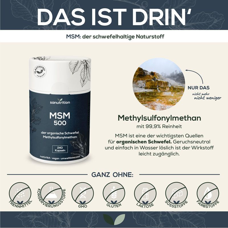 Infografik mit Dose "Sanutrition MSM 500". Text: "Methylsulfonylmethan mit 99,9% Reinheit". Ohne Zusatzstoffe.
