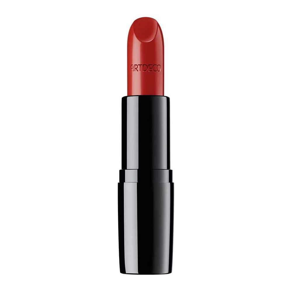 Roter Lippenstift, schwarze Hülse, Marke Artdeco. Aufschrift auf dem Lippenstift.