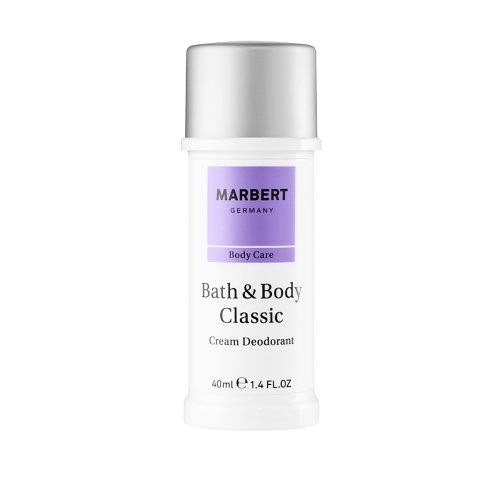 Deodorant-Creme in weißer Flasche mit silbernem Deckel. Aufschrift: Marbert, Germany, Bath & Body Classic, Cream Deodorant.