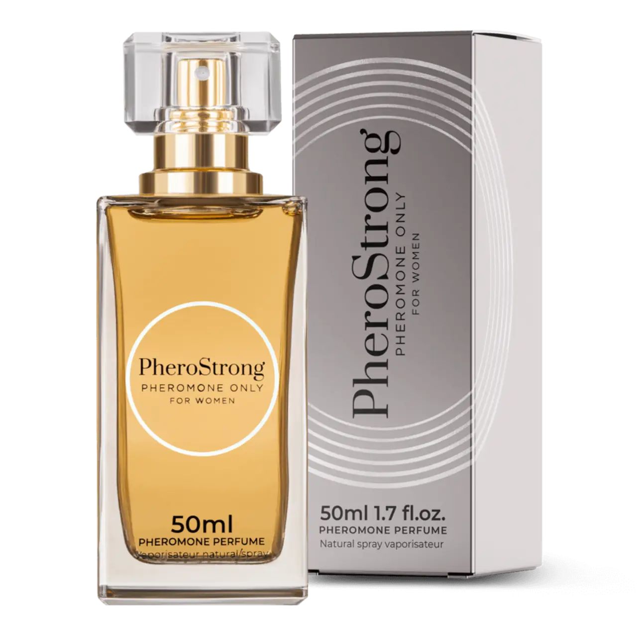 Parfümflasche und graue Verpackung. Flasche mit goldfarbener Flüssigkeit. Verpackung mit Aufschrift: PheroStrong, 50ml.