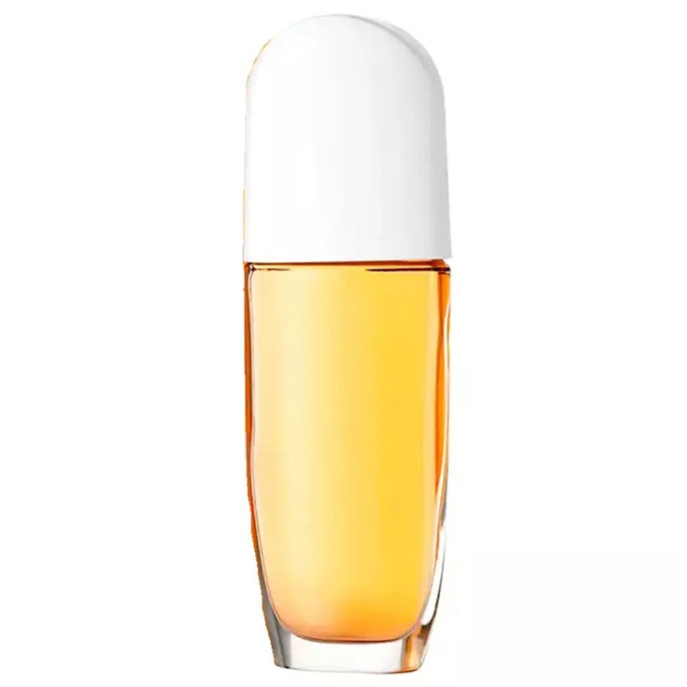 Elizabeth Arden Sunflowers Flakon. Gelbe Flüssigkeit im Glasflakon mit weißem Deckel.  Einfaches Design.