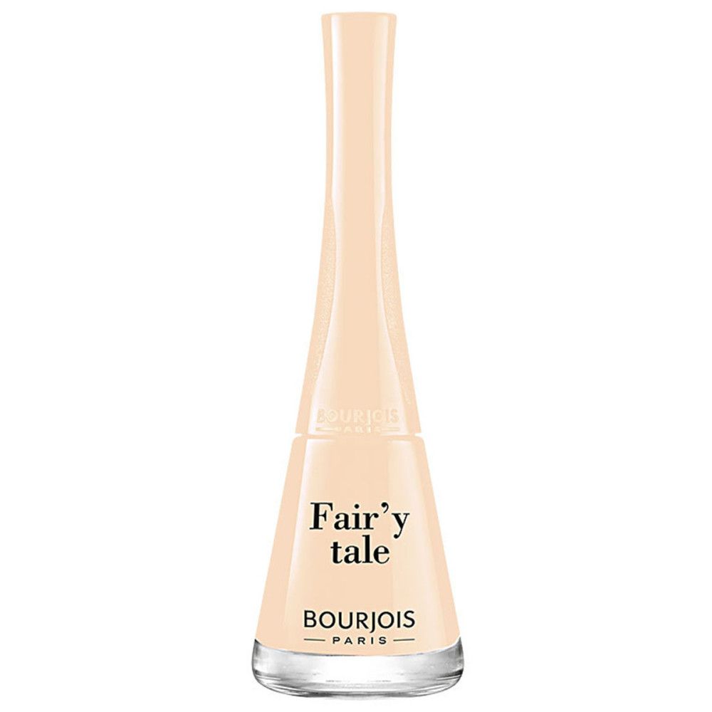 Nagellackflasche, hellrosa. Aufschrift: Fair'y tale, Bourjois - Paris. Klarer Glasflakon.