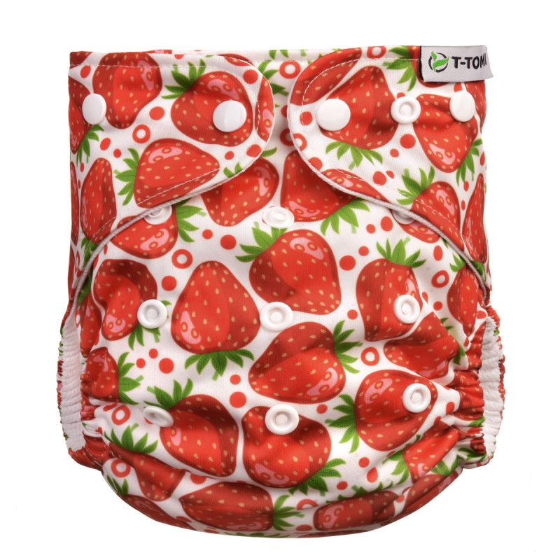 Windel mit Erdbeermuster und Druckknöpfen. Marke T-TOMI. Weiße Basis mit roten Erdbeeren und grünen Blättern.