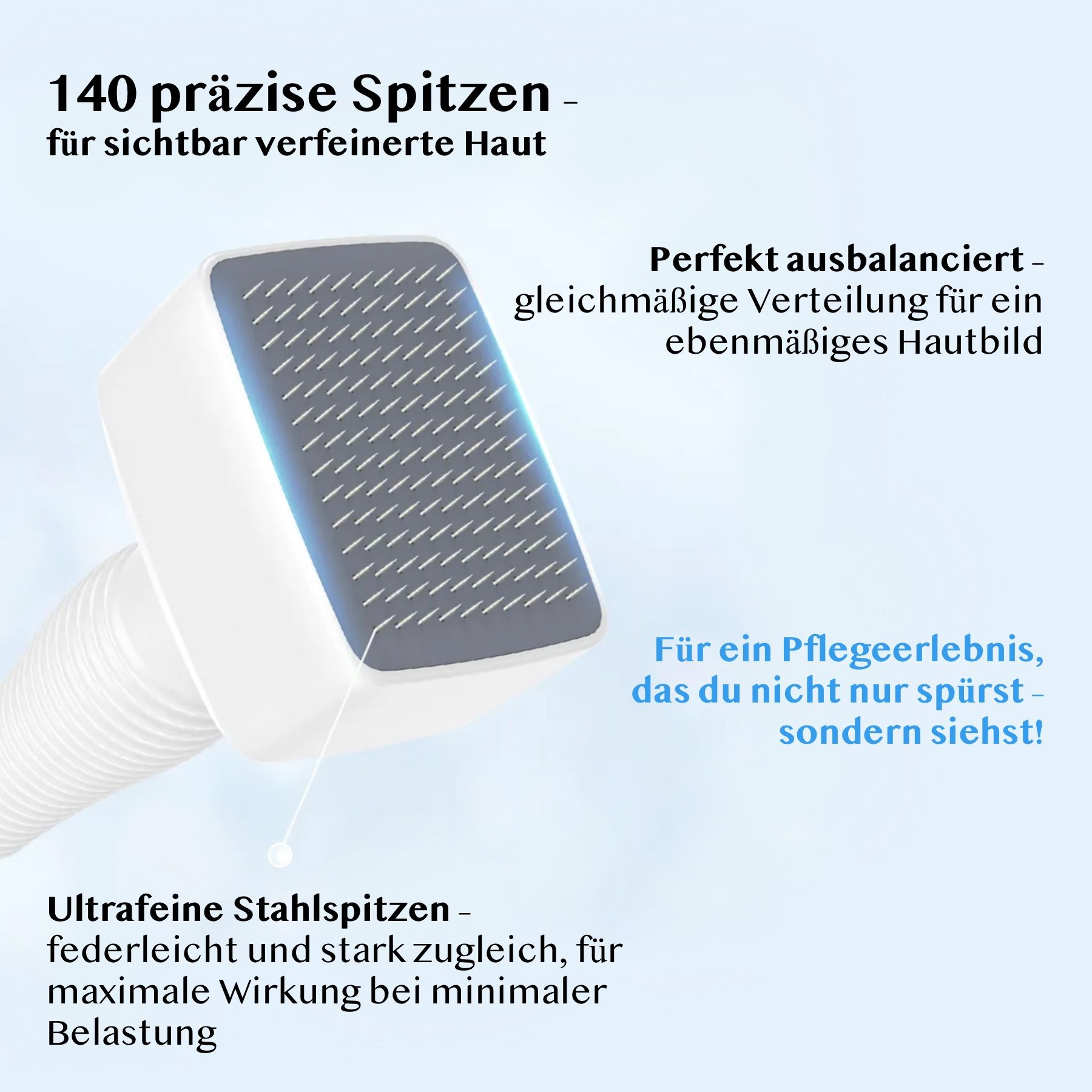 Nahaufnahme des weißen Derma Stamps. 140 Spitzen. Text: Ultrafeine Stahlspitzen.