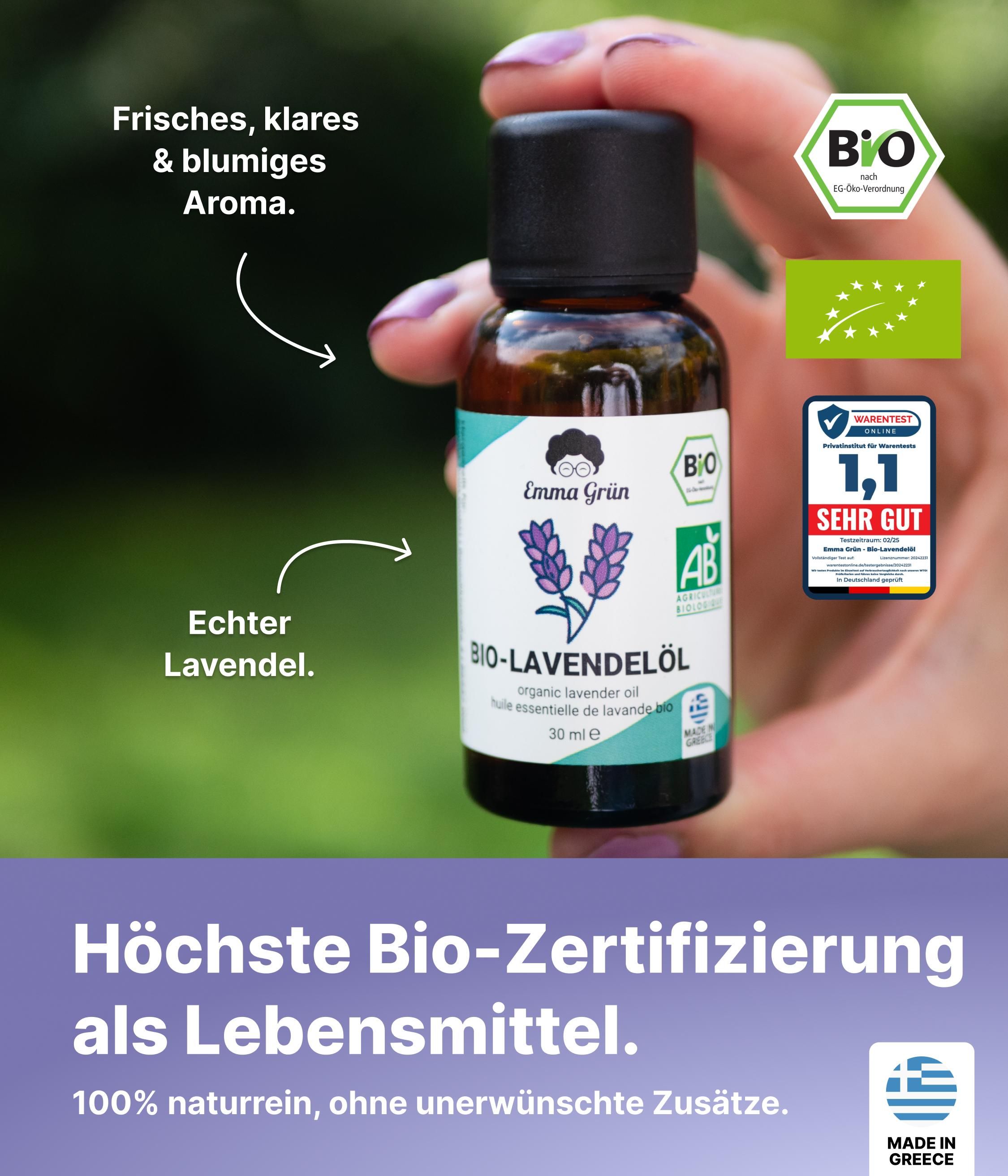 Braune Glasflasche mit Bio-Lavendelöl. Bio-Siegel, AB-Siegel und Testergebnis. Text: Bio-Lavendelöl.
