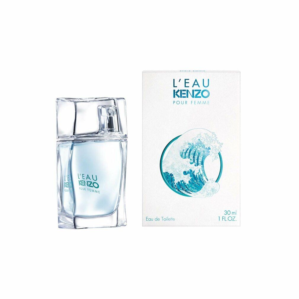 Kenzo L'Eau Pour Femme Edt Spray. Flakon und Verpackung. Flakon mit silbernem Verschluss. Verpackung mit Wellenmuster.