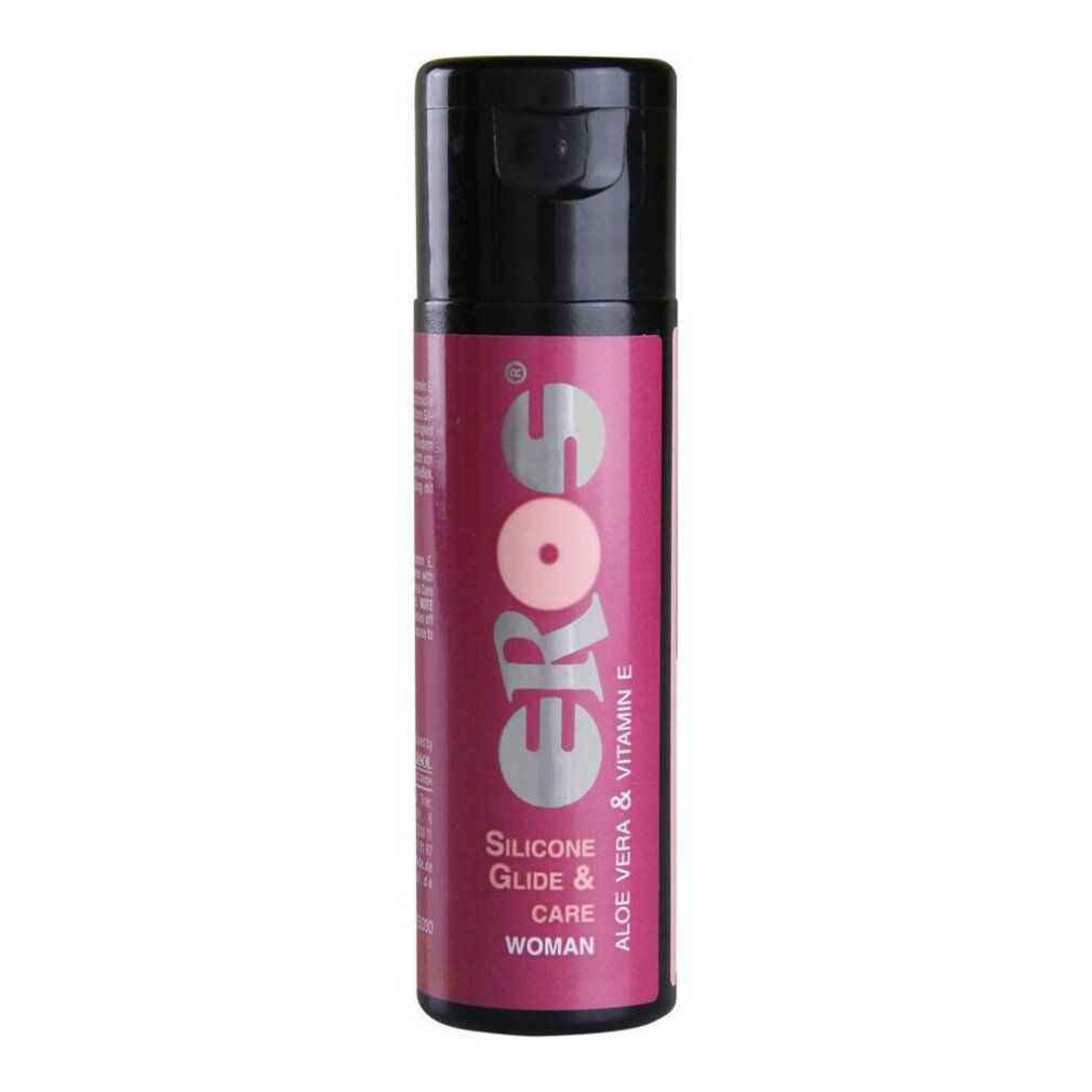 Zylinderförmige Flasche mit schwarzem Deckel. Aufschrift: EROS, Silicone Glide & Care, Aloe Vera & Vitamin E, WOMAN.
