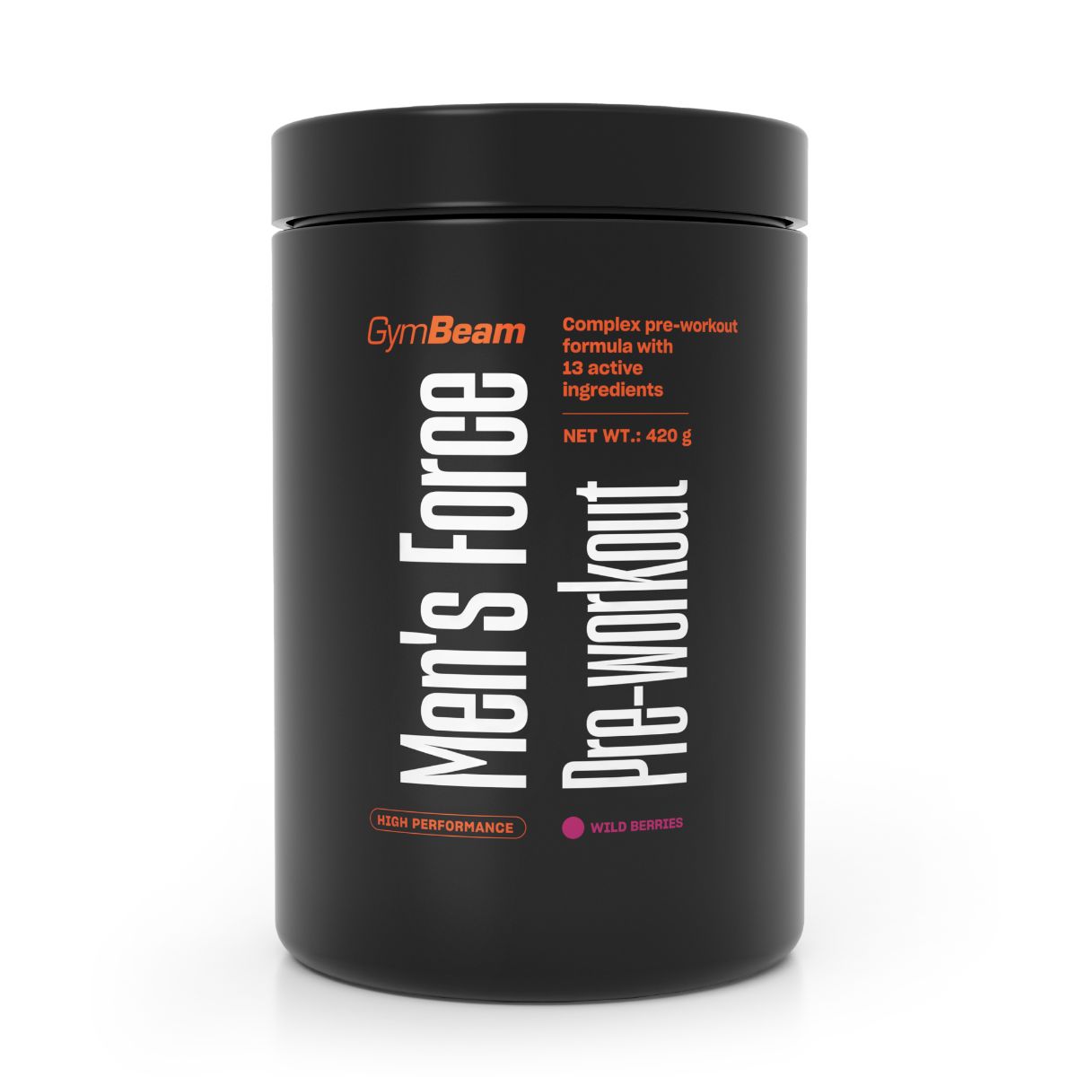 Schwarzer Behälter mit GymBeam Men's Force Pre-Workout Pulver in Wild Berry.