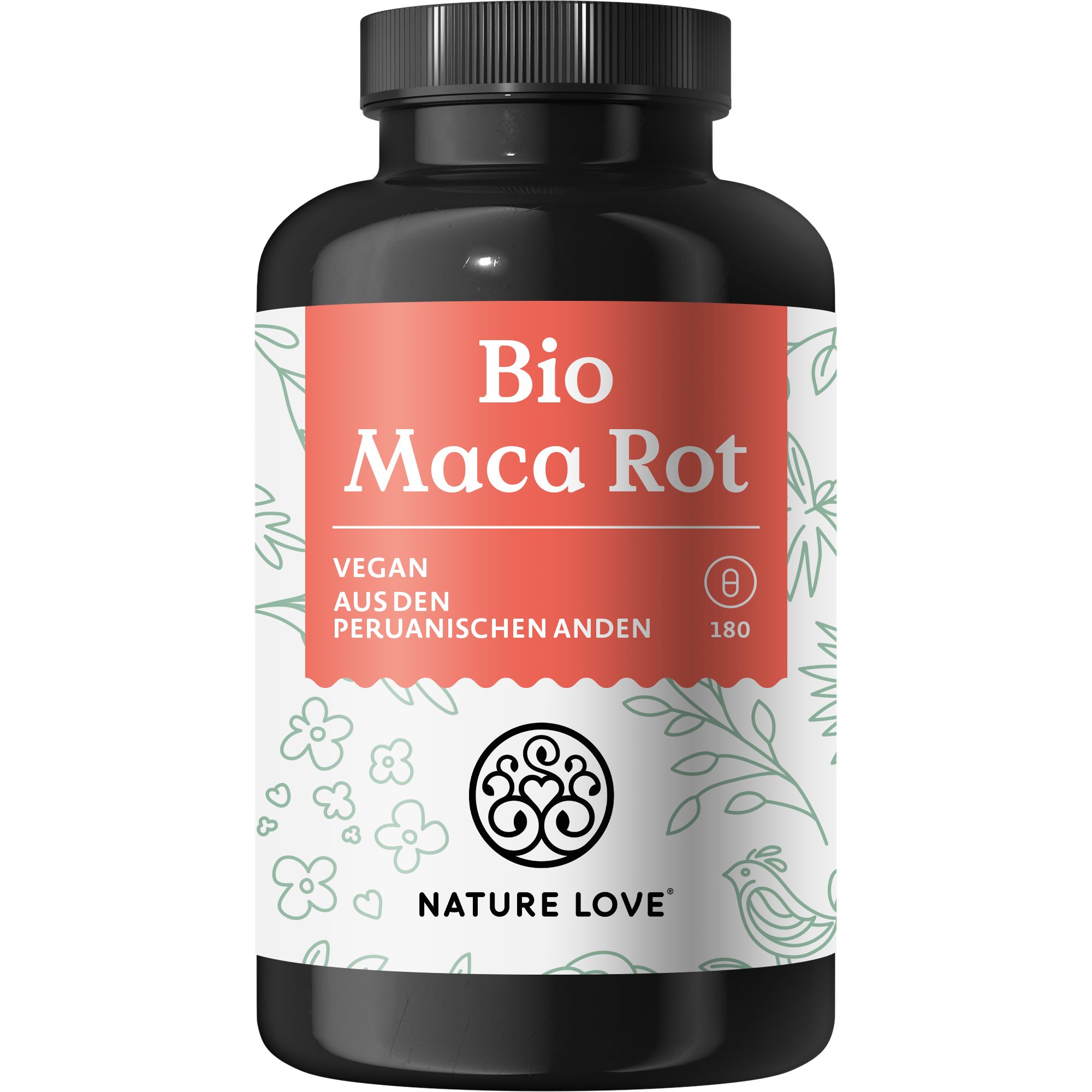 Schwarze Flasche mit rotem Etikett: "Bio Maca Rot". Vegan. 180 Kapseln. Marke: NATURE LOVE®. Floralmuster.