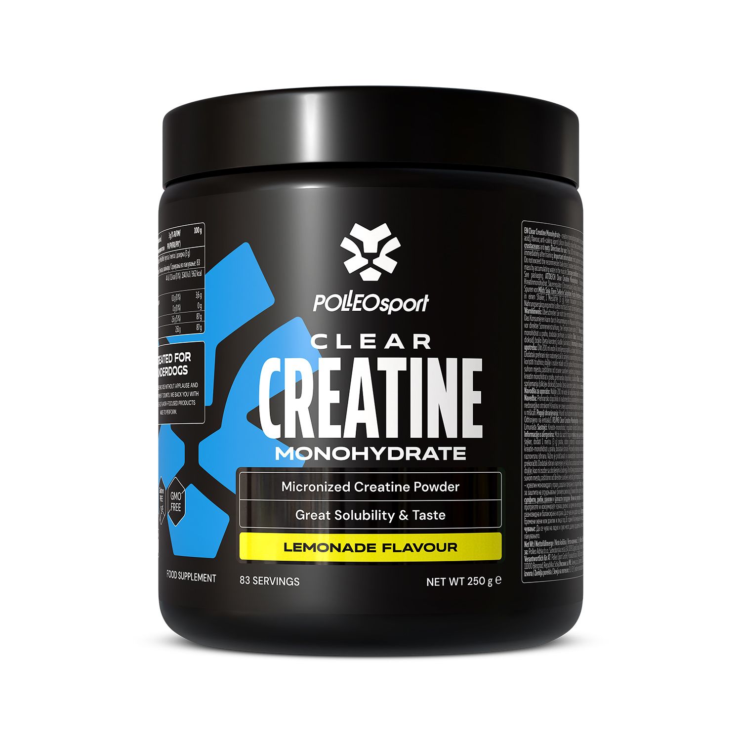Schwarze Dose Polleo Clear Creatine Monohydrate. Aufschrift: Clear Creatine, Lemonade Flavour. 83 Portionen, 250g.
