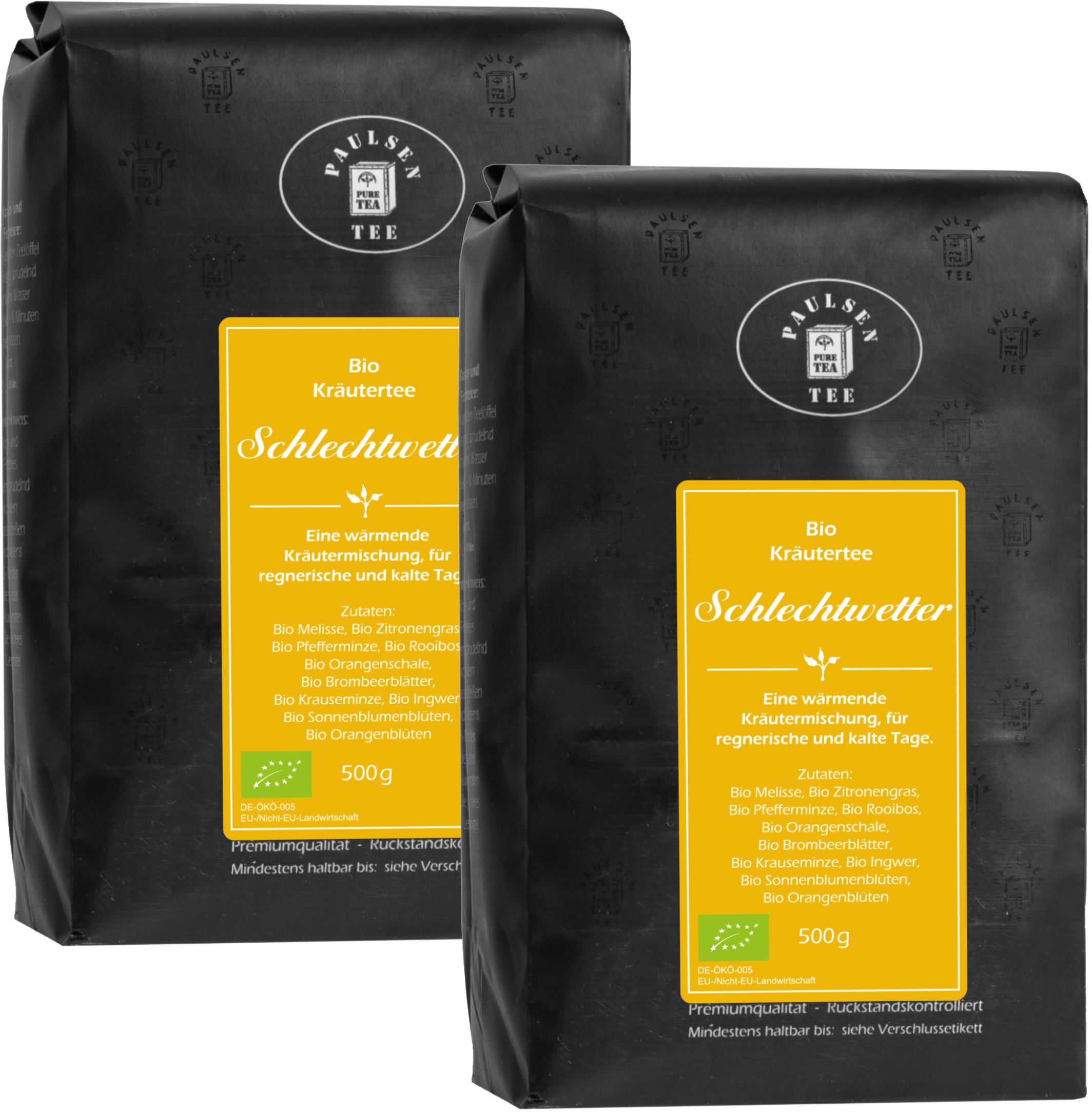 Zwei schwarze Beutel mit gelben Etiketten. Aufschrift: Paulsen Tee, Bio Kräutertee Schlechtwetter. 500g. EU-Bio-Siegel.
