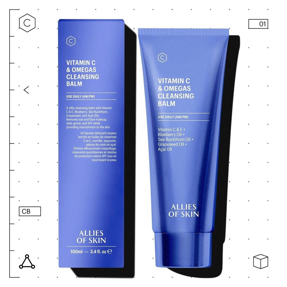 Zwei blaue Schachteln und eine Tube. Aufschrift: Vitamin C & Omegas Cleansing Balm. Marke: ALLIES OF SKIN. 100ml - 3.4 fl. oz.
