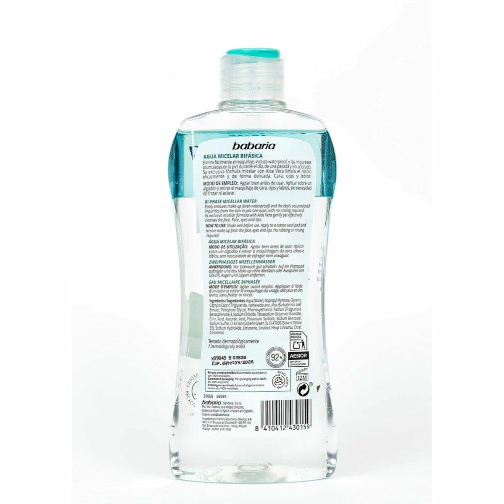 Rückseite der Babaria Micellar Bifasica Flasche. Textinformationen, Inhaltsstoffe, Anwendungshinweise.