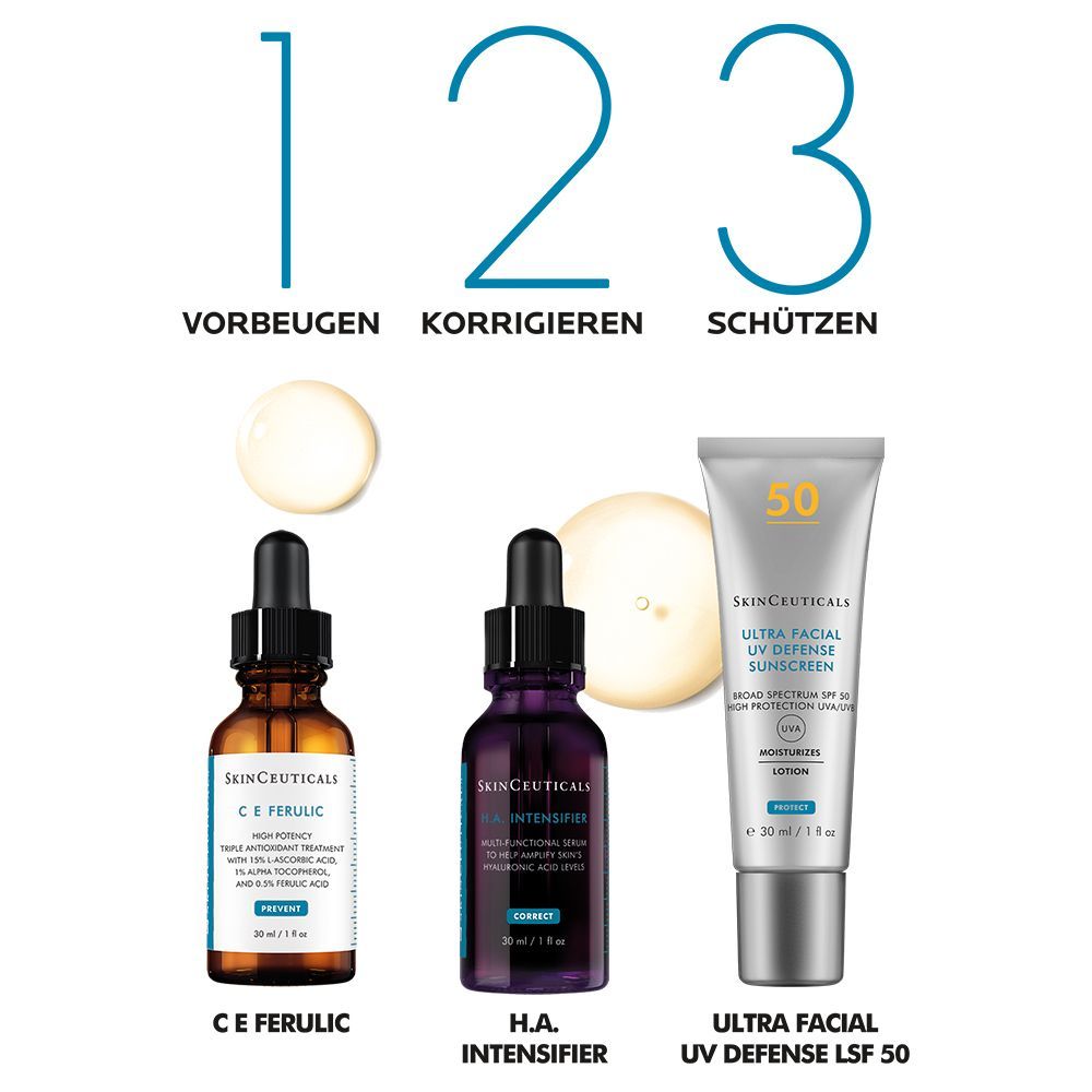 Drei Produkte: C E Ferulic, H.A. Intensifier und Ultra Facial Defense LSF 50. Auf weißem Hintergrund.
