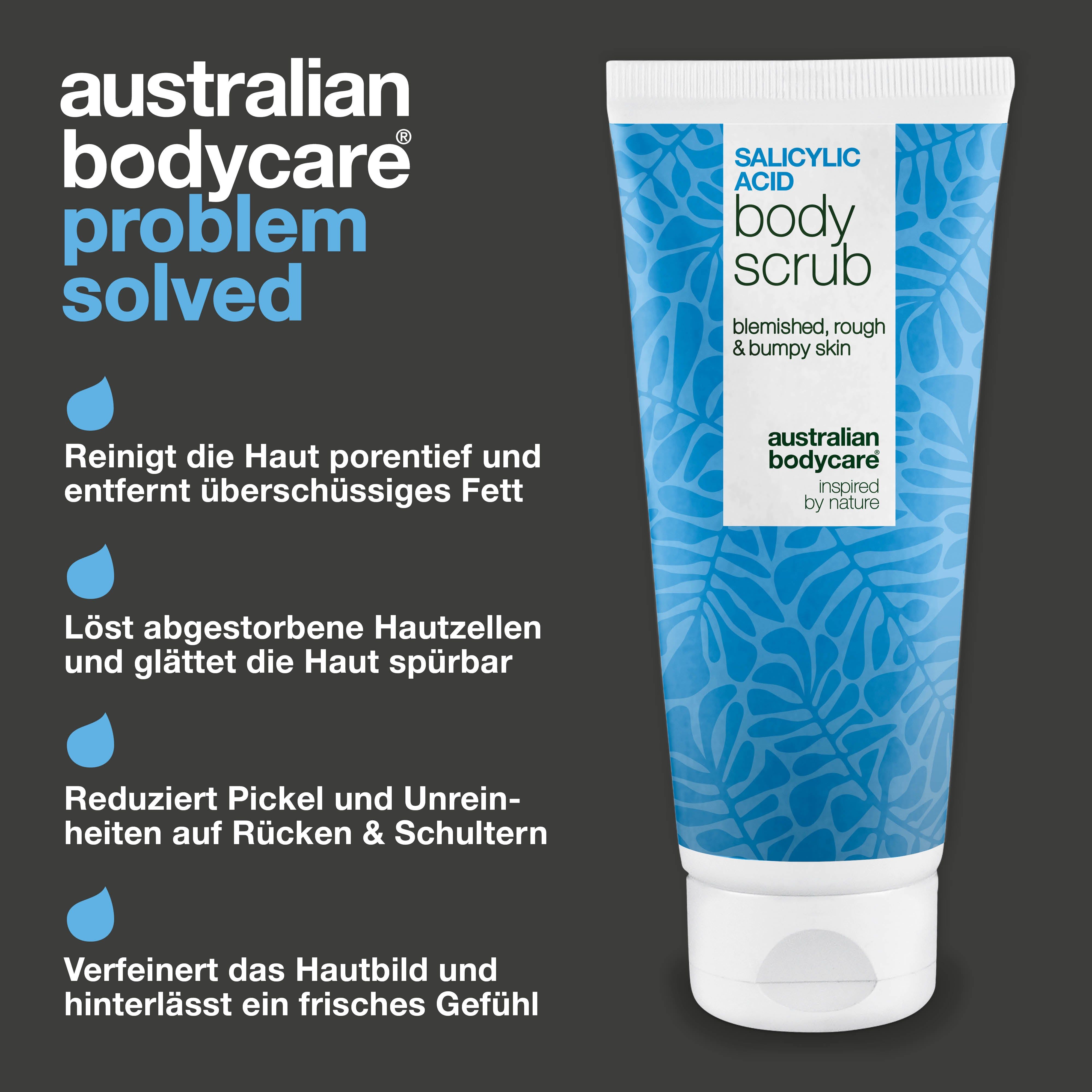 Body Scrub Tube. Text: Australian Bodycare, Problem gelöst. Blaue Tropfen. Text: Tiefenreinigung, Peeling, Pickel.