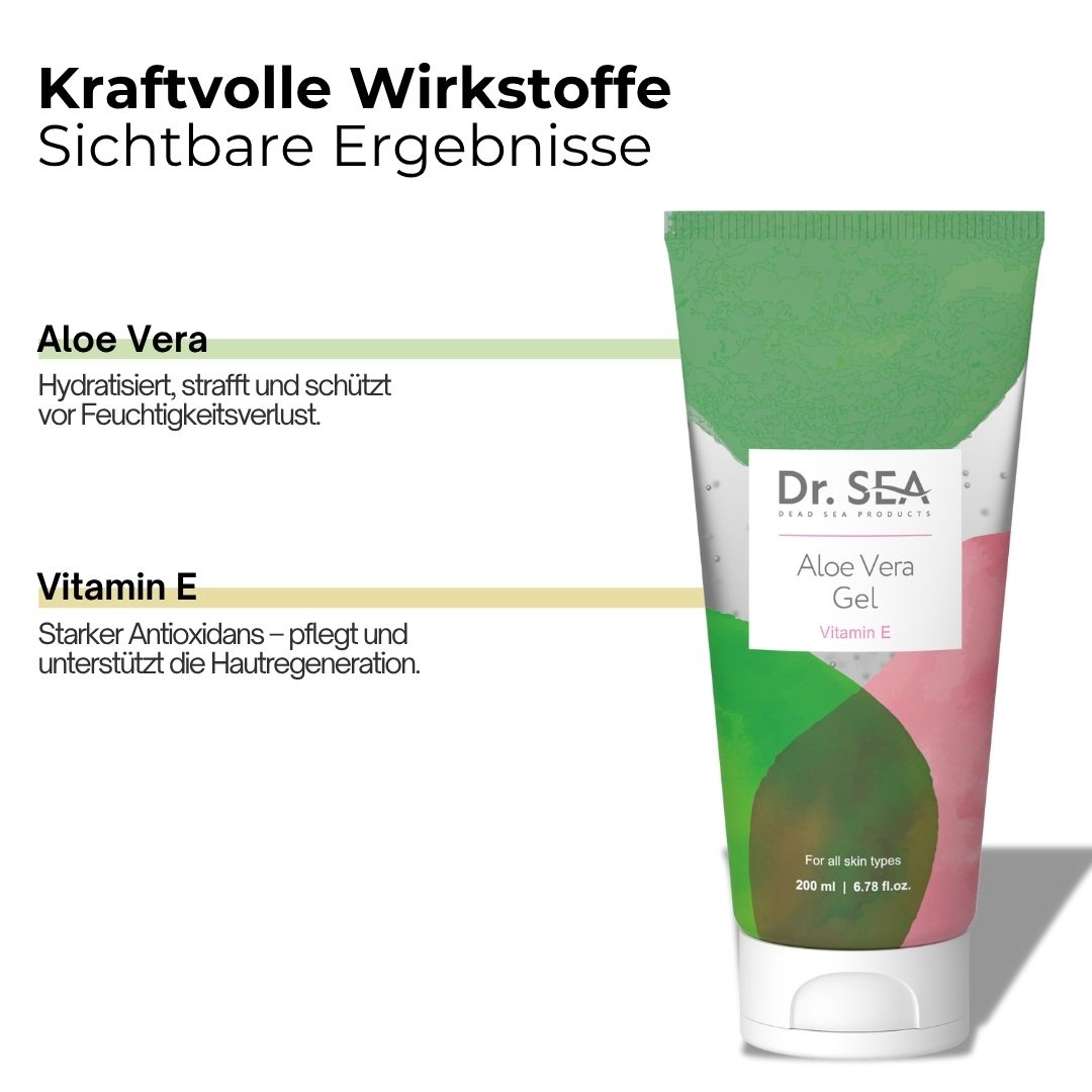Tube mit Aloe Vera Gel. Grün-rosa Design. Text: Dr. SEA, Aloe Vera Gel, Vitamin E. Infografik mit Inhaltsstoffen.