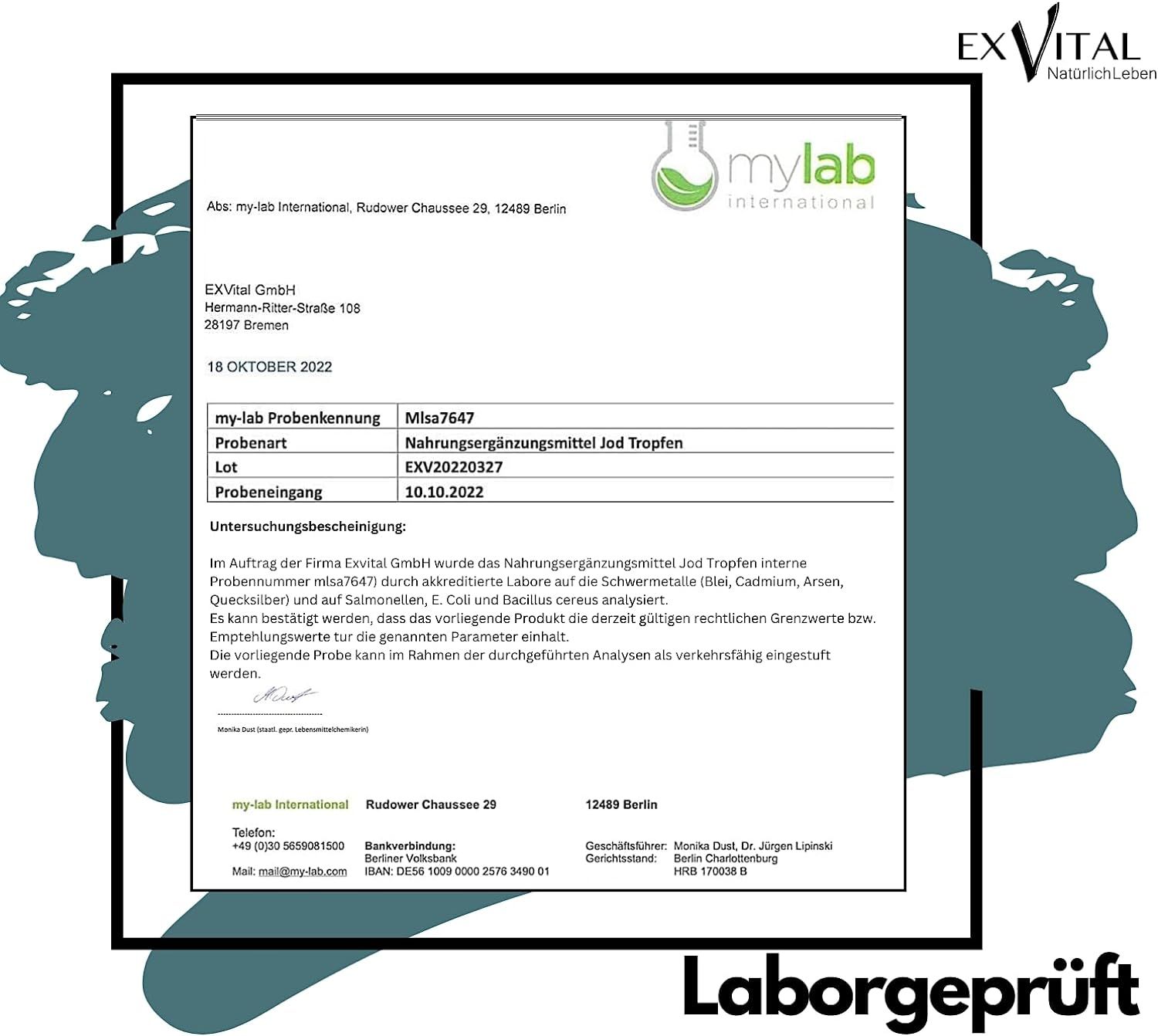Laborgeprüftes Zertifikat. Text: mylab international, EXVital GmbH, Probenbezeichnung: Nahrungsergänzungsmittel Jod Tropfen. Logo.