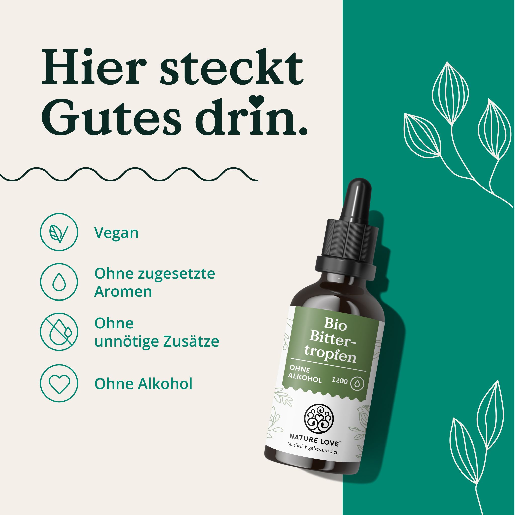 NATURE LOVE Bio Bittertropfen: Vegan, ohne zugesetzte Aromen, ohne Zusätze, ohne Alkohol.