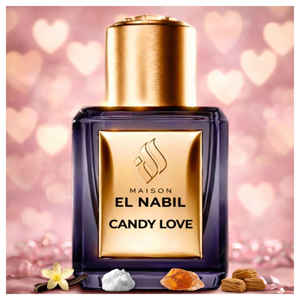 Dunkelblaue Flasche mit goldfarbenem Verschluss und Etikett. Aufschrift: El Nabil Candy Love. Zusätzliche Zutaten.