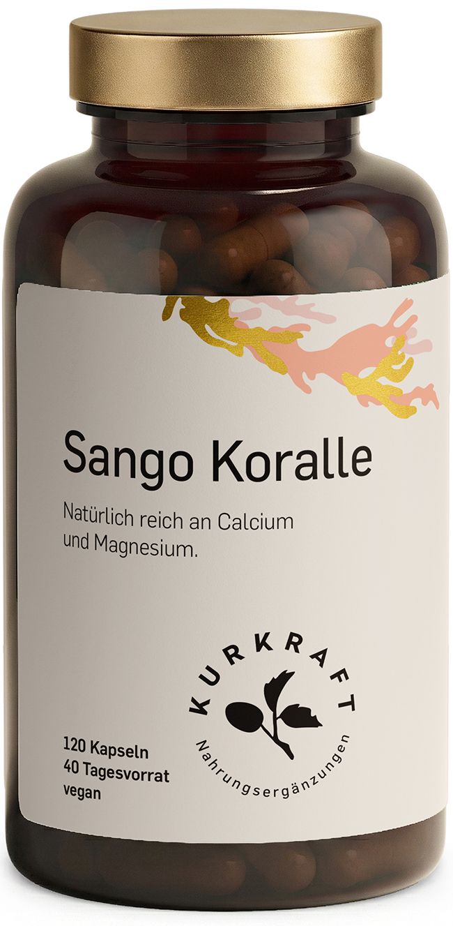 Braune Glasflasche mit Sango Koralle Kapseln. Text: 120 Kapseln, 40 Tagesvorrat. Enthält Calcium und Magnesium. Marke: Kurkraft.