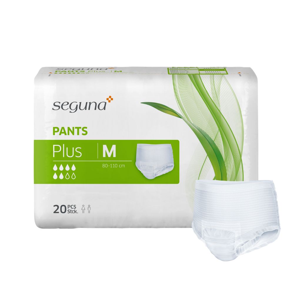 Verpackung SEGUNA Pants Plus M. Enthält 20 Stück. Größe M, 80-110 cm. Hygieneprodukt.