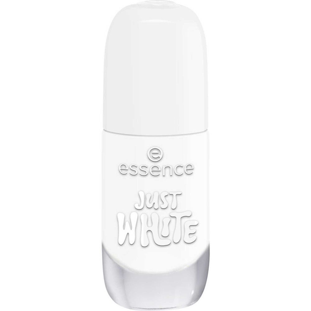 Weiße Nagellackflasche. Auf der Flasche steht "essence" und "Just White". Der Deckel ist aufgesetzt.