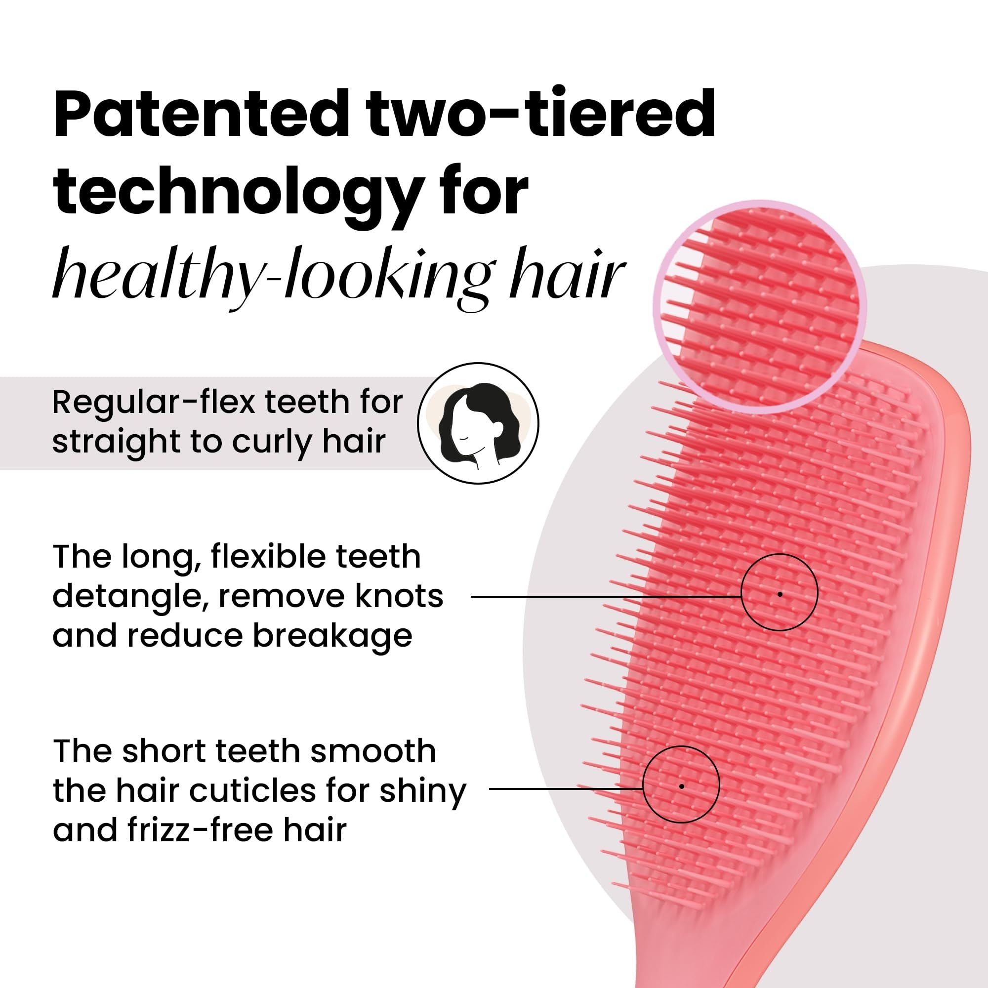 Nahaufnahme der rosa Haarbürste. Zwei Arten von Zähnen. Text: Patentierte Zwei-Ebenen-Technologie für gesund aussehendes Haar.