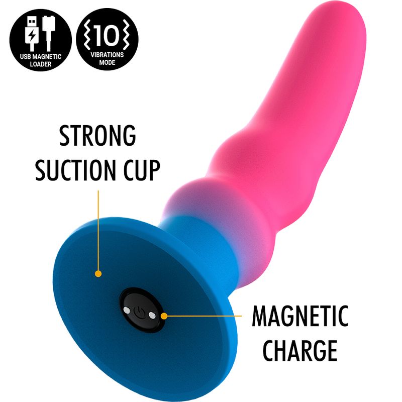 Zweifarbiges Dildo mit Saugnapf. USB-Lader und 10 Vibrationsmodi. Magnetische Aufladung.