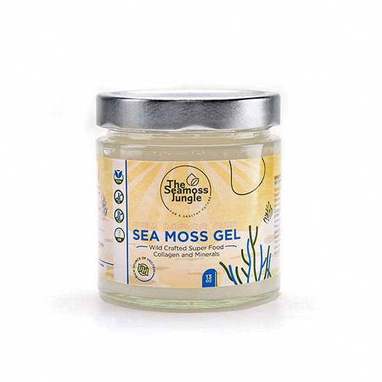 Glas Sea Moss Gel. Aufschrift: The Seamoss Jungle, Sea Moss Gel, Wild Crafted Super Food, Collagen and Minerals.