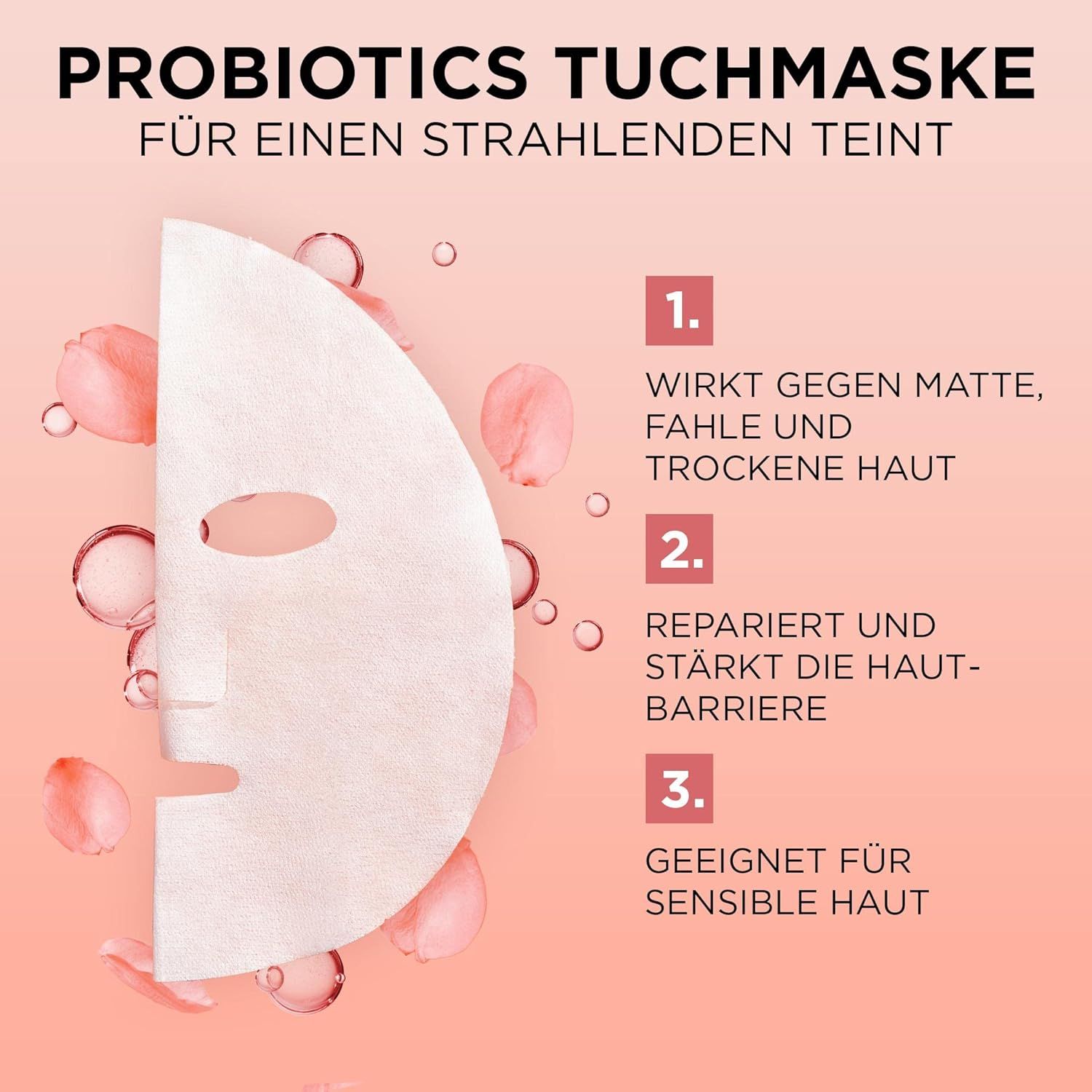 Text-Infografik: Probiotische Tuchmaske für strahlenden Teint. 3 Vorteile: gegen matte Haut, repariert, für sensible Haut.