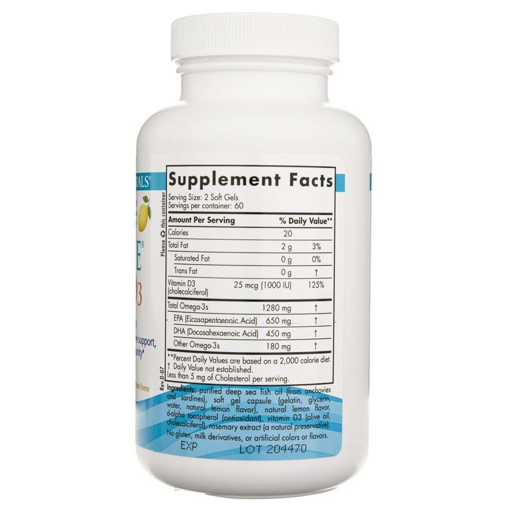 Flasche Nordic Naturals Ultimate Omega-D3 mit Nährwertangaben.
