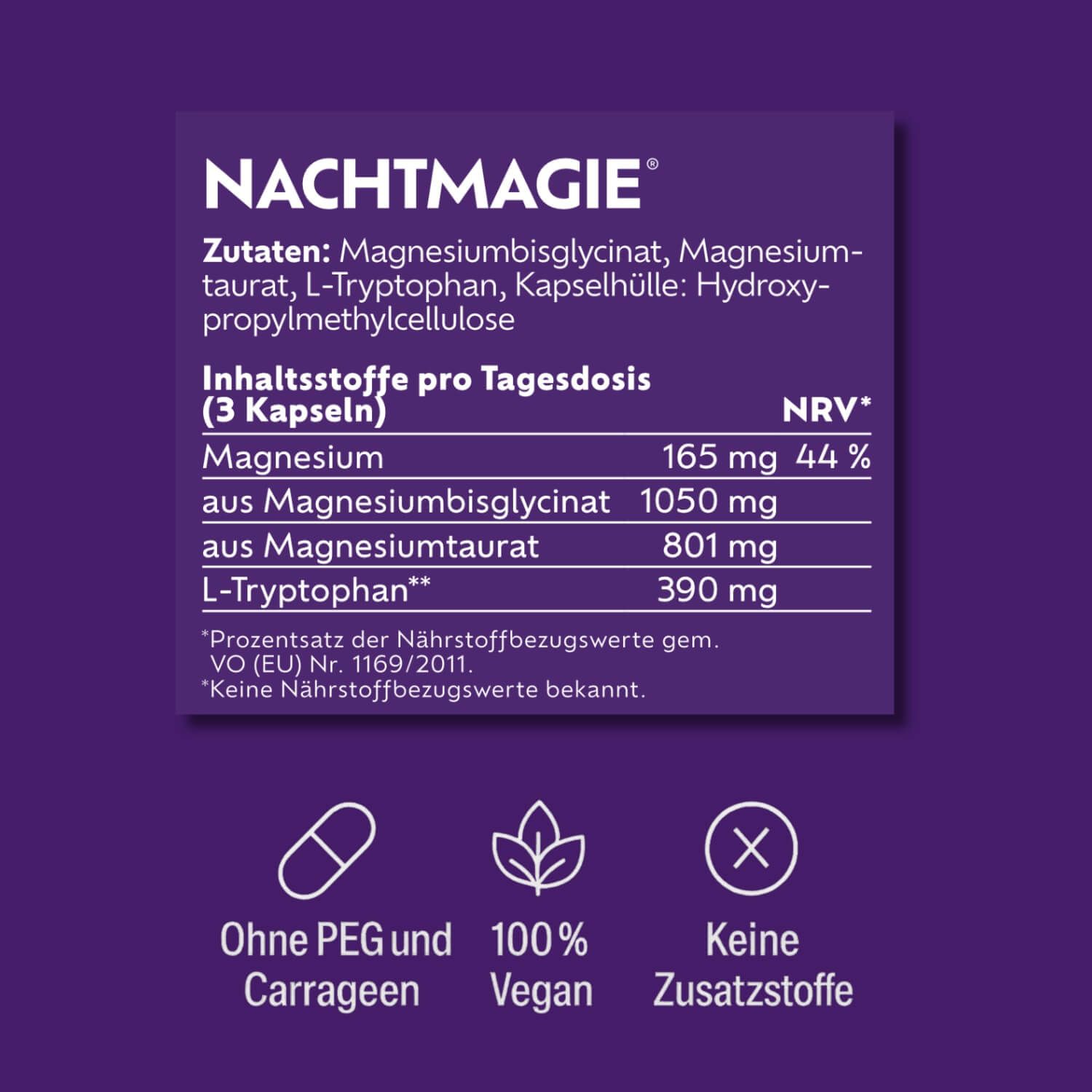 Tabelle mit Inhaltsstoffen pro Tagesdosis. Text: Magnesium, Magnesiumbisglycinat, Magnesiumtaurat, L-Tryptophan. Ohne Zusätze.