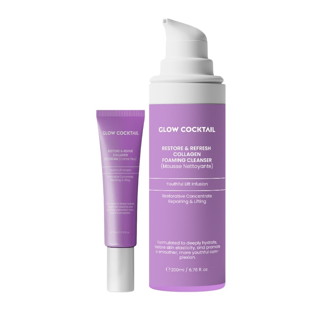 Zwei Produkte. Reinigungsgel und Augencreme. Lila Flaschen mit weißer Schrift. Produktnamen und Details sind sichtbar.