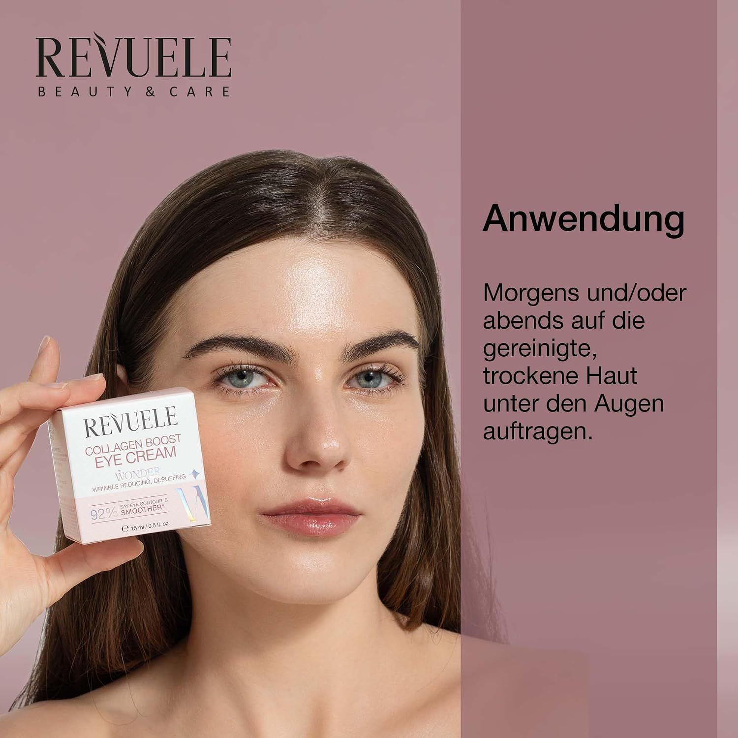 Revuele Beauty & Care Collagen Boost Eye Cream. Anwendung: Morgens und/oder abends auf die gereinigte, trockene Haut unter den Augen auftragen.