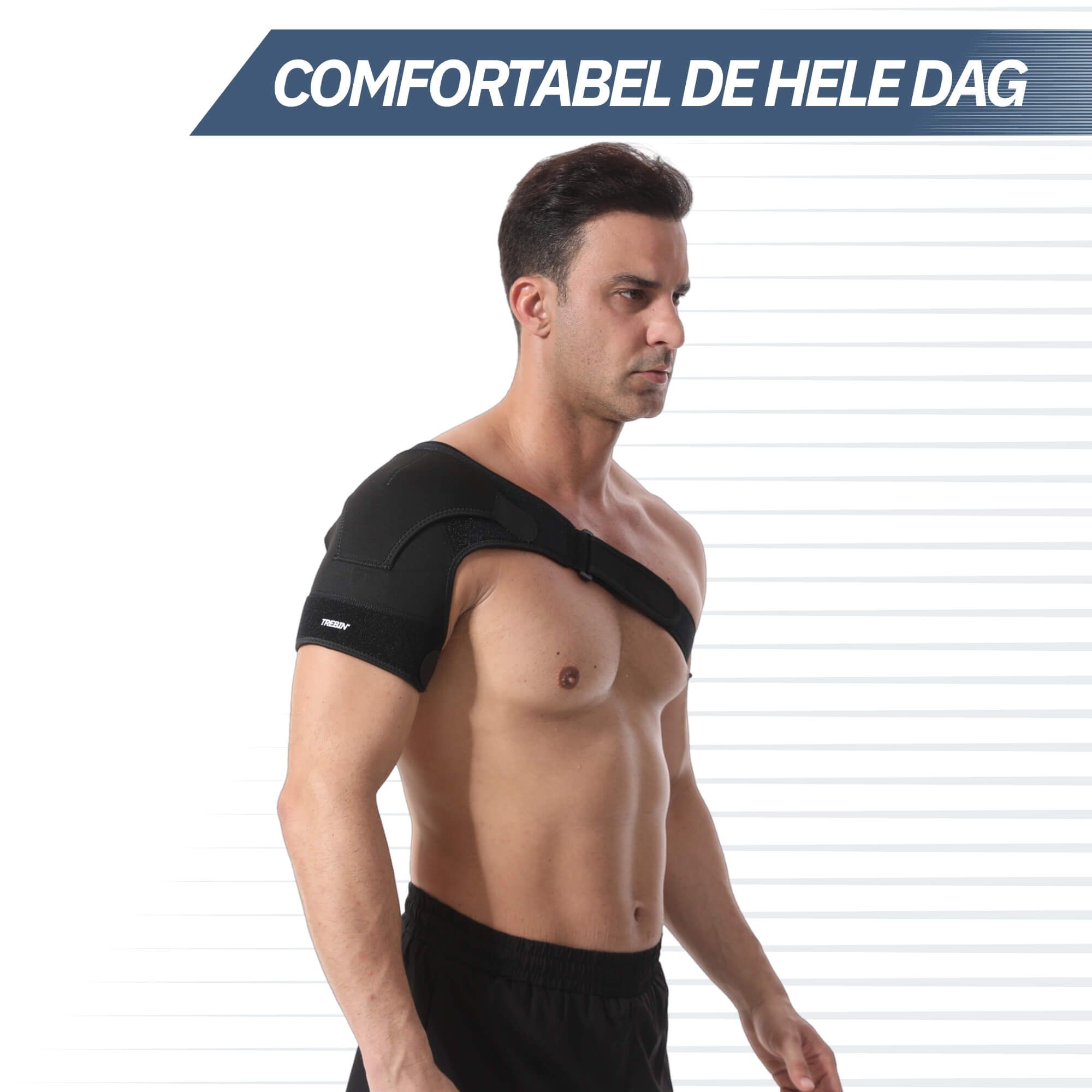Schwarze Schulterbandage mit verstellbarem Riemen.