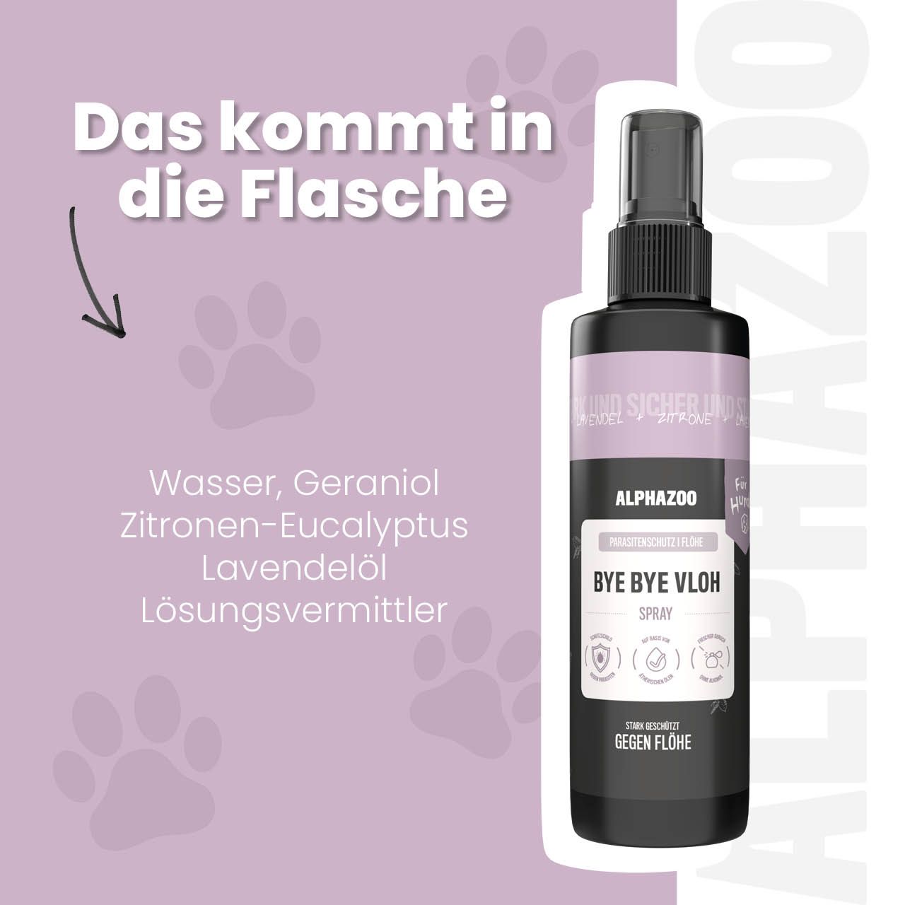 Sprühflasche mit Aufschrift Bye Bye Vloh Spray. Auf dem Hintergrund Pfotenabdrücke und Inhaltsstoffe.