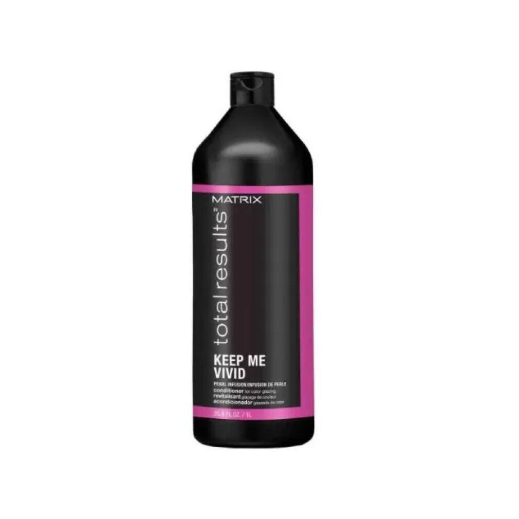 Schwarze Flasche mit rosa Etikett. Aufschrift: MATRIX total results KEEP ME VIVID. Conditioner für coloriertes Haar.