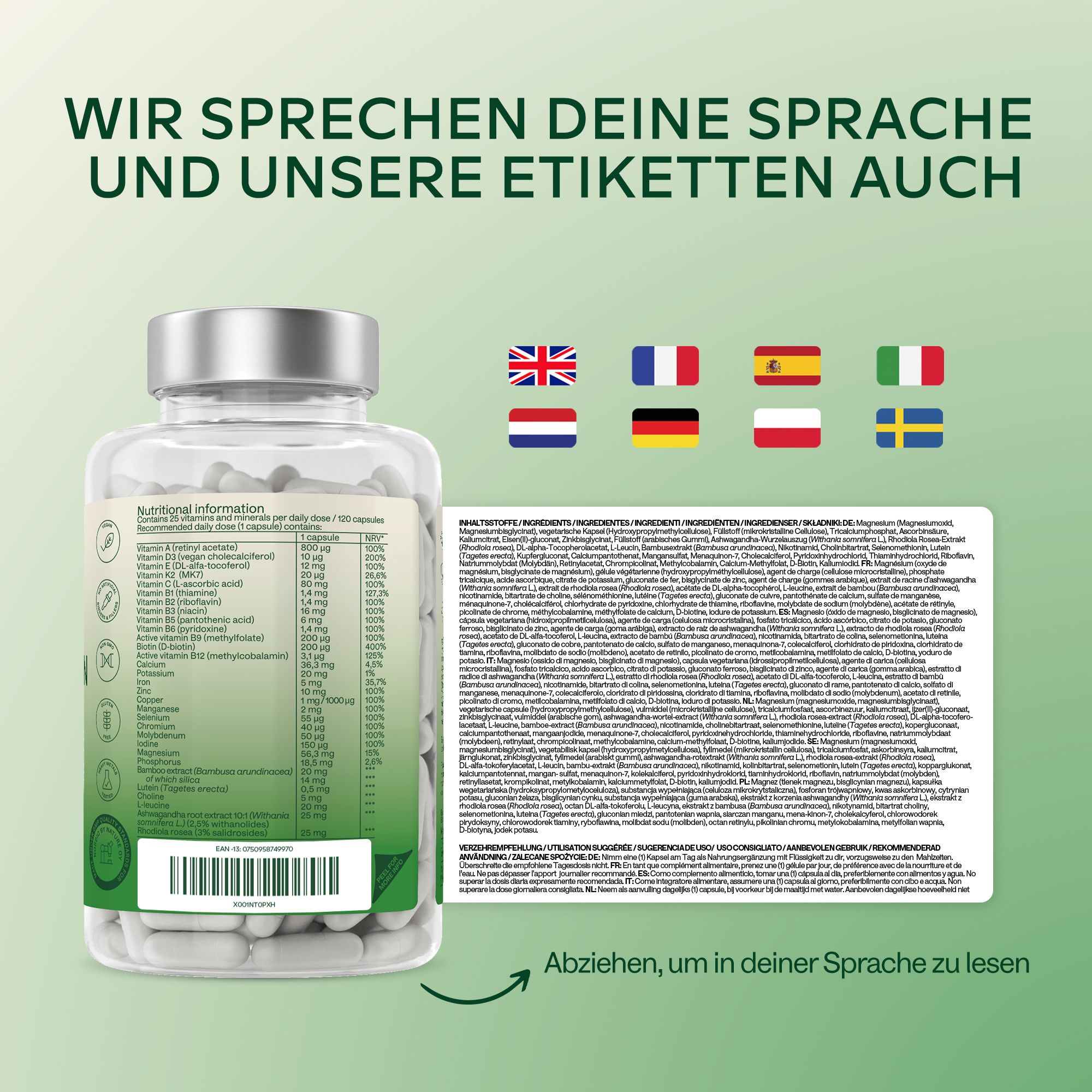 Flasche mit weißen Kapseln. Aufschrift: AAVALABS, MULTIVITAMIN COMPLEX. 26 Vitamine & Mineralien. Enthält Nährwertangaben.