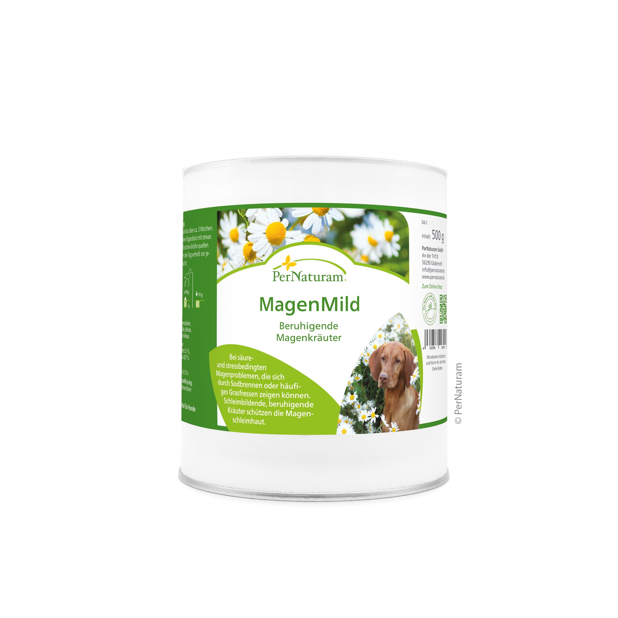 Dose PerNaturam MagenMild mit Kamillenblüten und Hund. Text: Beruhigende Magenkräuter. Grün-weißes Etikett. Dose steht.