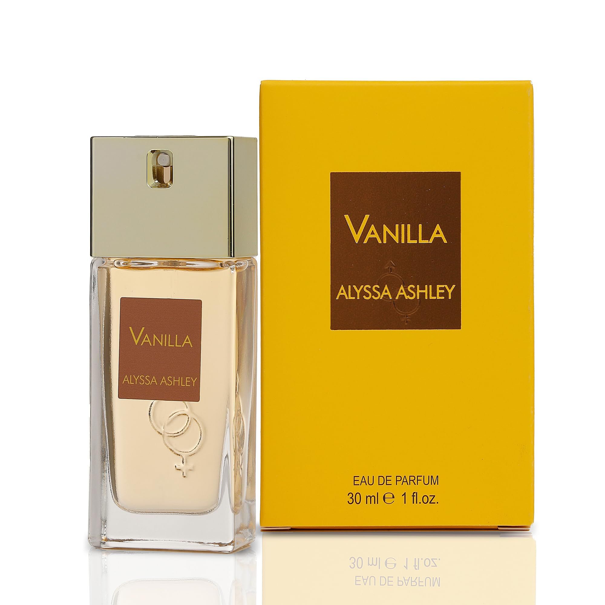 Parfümflakon und gelbe Verpackung. Aufschrift "Vanilla Alyssa Ashley". Eau de Parfum 30 ml.