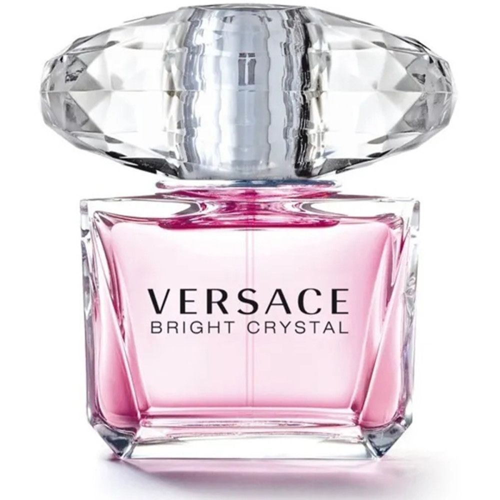 Versace Bright Crystal Eau de Toilette. Rosa Flakon mit Kristallverschluss. Schriftzug Versace Bright Crystal.
