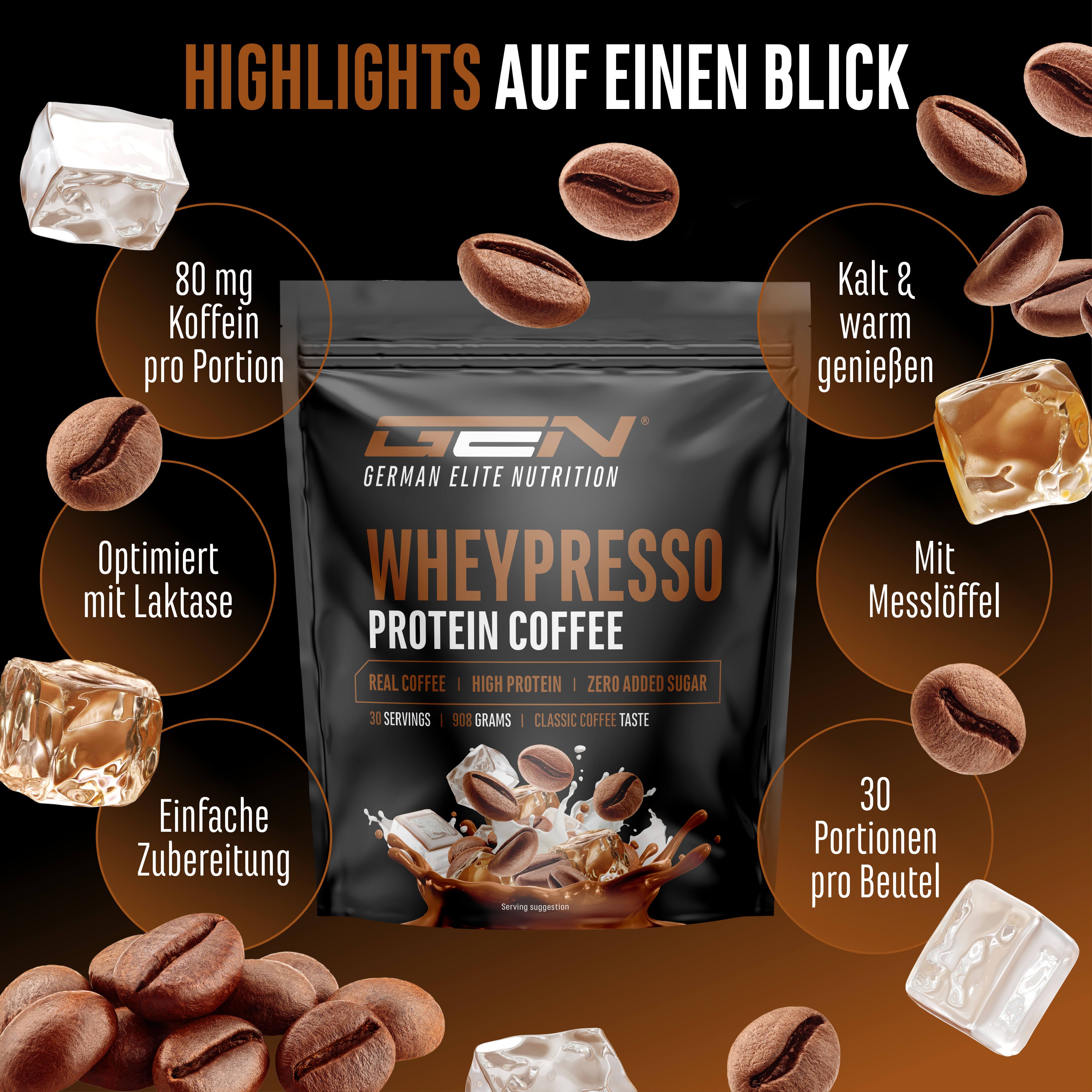 Werbebild mit GEN Wheypresso Protein Kaffee, Kaffeebohnen und Eiswürfeln. Text: 80 mg Koffein pro Portion, 30 Portionen pro Beutel, Mit Messlöffel.